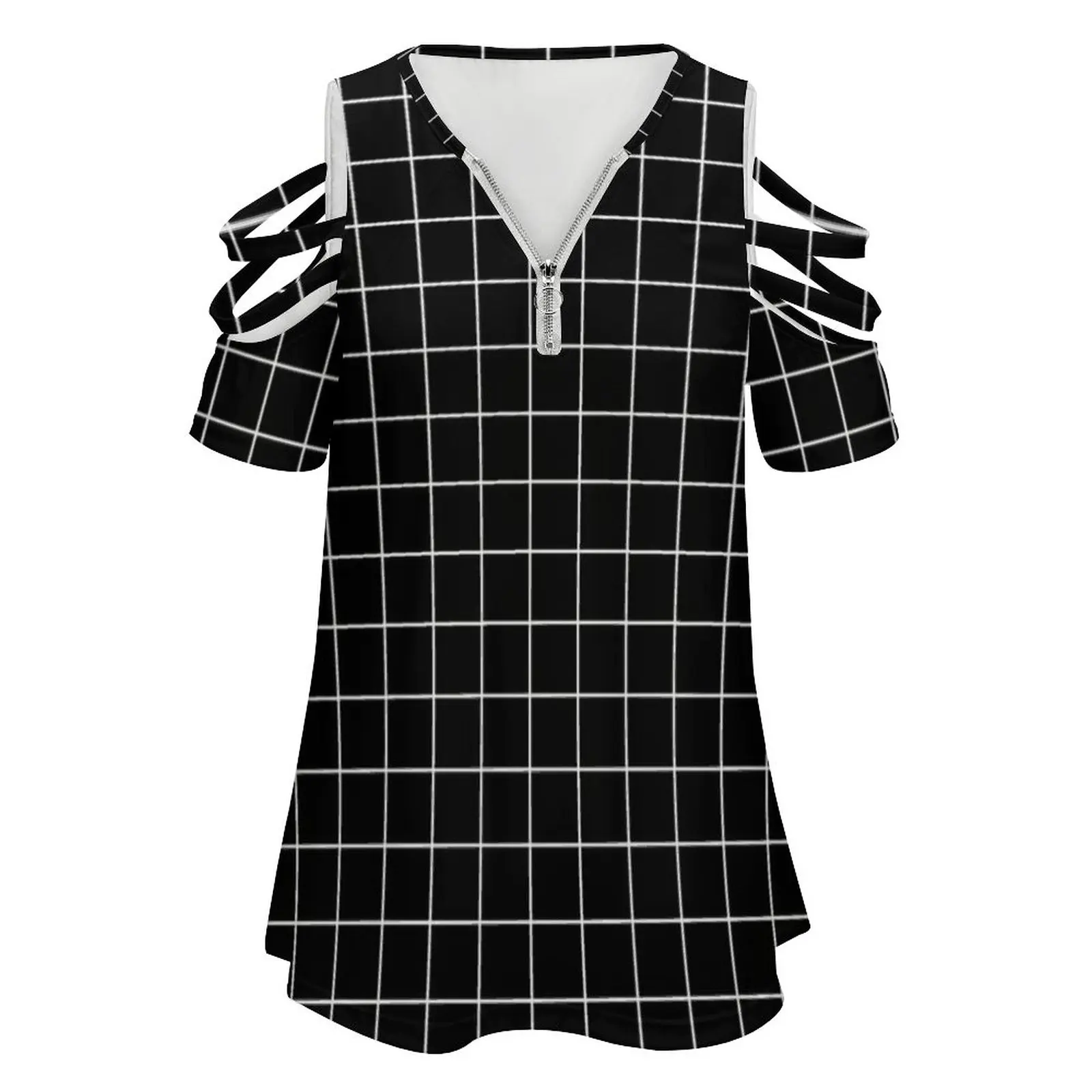 Aesthetic Black And White Grid Paper Imitation Hd High New Fashion Zip Off Shoulder Top Short-Sleeve Women Shirt Black White