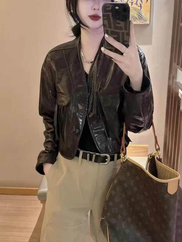 

Весна 2025: Женское пальто из натуральной кожи с V-образным вырезом, свободного кроя, с карманами, длинными рукавами, из овчины, для молодежи, для повседневной носки