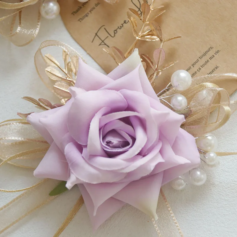 Boutonniere And Wrist Corsage Wedding Flower Bouquet Western Style Artificial Rose Bride Groom Bridesmaid Man Pinliang Purple