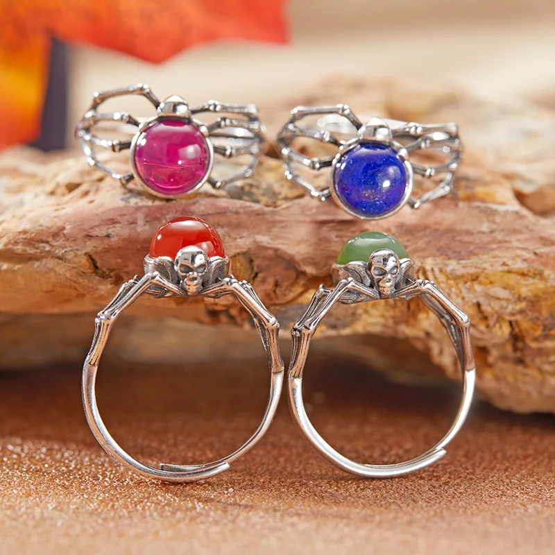 

Natural Gemstone Lapis Lazuli Jasper Red Corundum Agate Personality Vintage Skull Ring for WomenS925Sterling Silver Index Finger