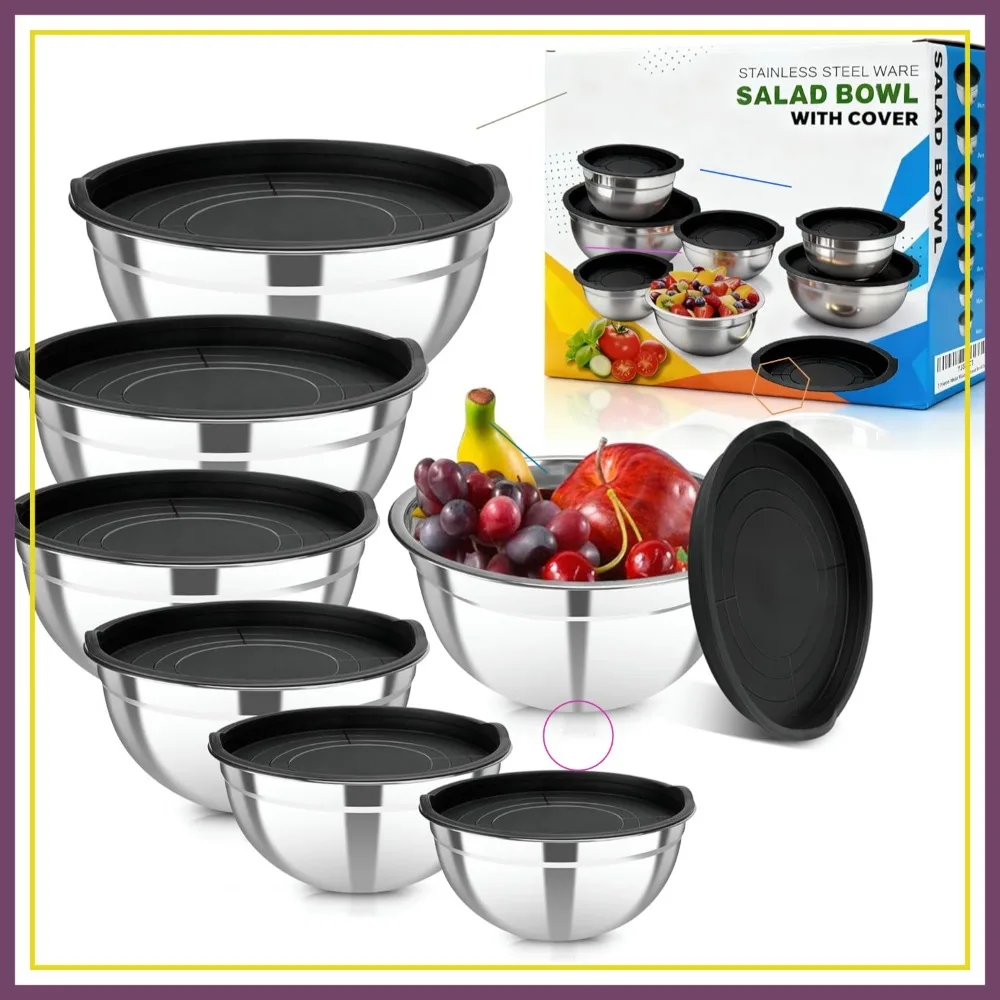 

Набор из 7 мисок из нержавеющей стали с крышками, складная конструкция для кухни, приготовления пищи, выпечки и подачи блюд