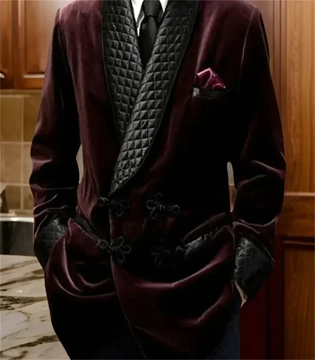 1 Piece Long Men Suit Jacket for Wedding Shawl Lapel Velvet Smoking Suit Blazer for Dinner Party Coat Ready to Ship