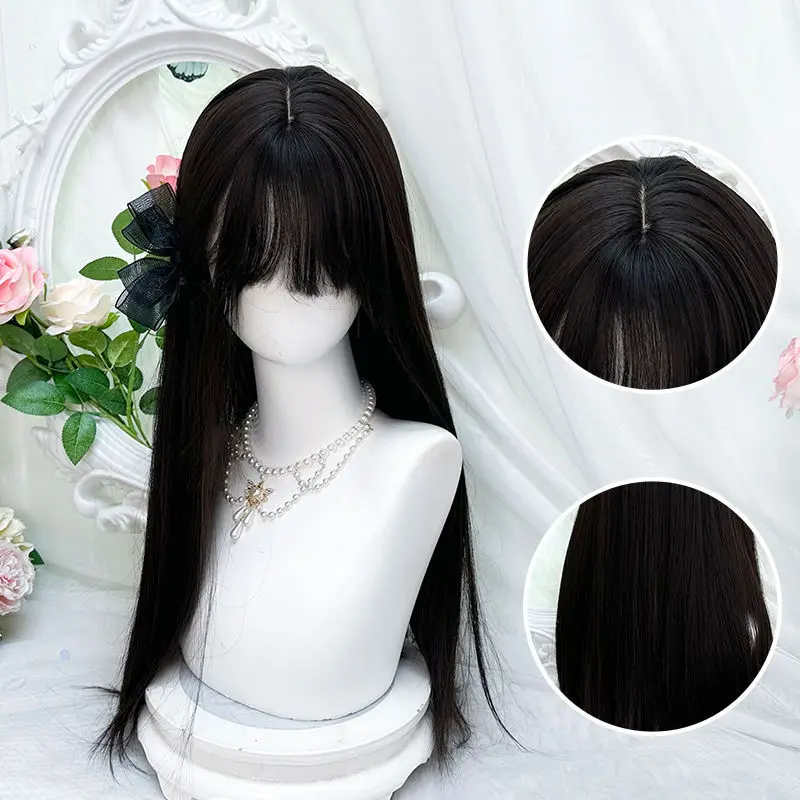 

Прямые волосы женские длинные волосы натуральный полный головной убор имитация волос летние тонкие возрастные бесшовные черные длинные прямые ха