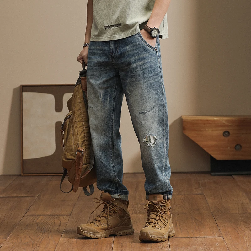 2024 New European and American Loose Harem Pants Spring and Autumn Split Patch Ripped Casual Small Foot cargo Jeans for men