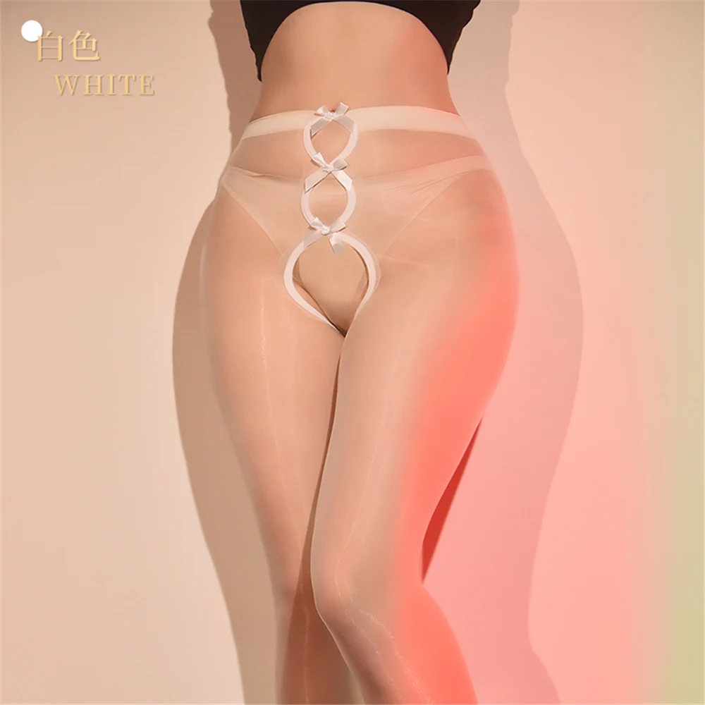 Sexy Women Thin Oil Shiny Glossy Pantyhose Bow Hollow Tights Stockings Open Crotch Allure Vintage Maid Shaping Exotic Underwear