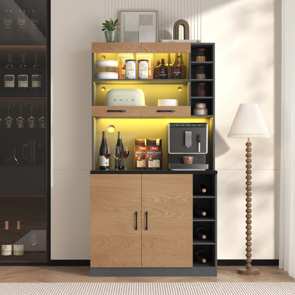 Mobile da cucina a buffet con luci a LED | Highboard in legno indipendente | Ampio spazio per microonde e spazio di archiviazione regolabile | Fori per cavi.