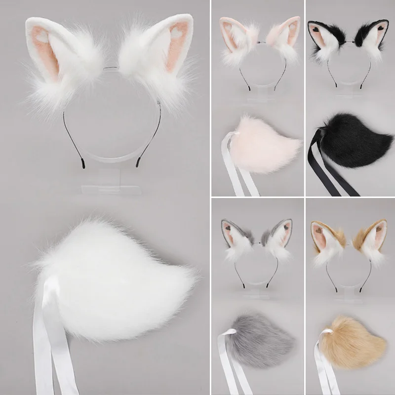 Realistic Cute Furry Bunny Ears Headband Plush Bunny Tail Animal Tail Cosplay Props Woman Lovely Lolita Hair Accessories