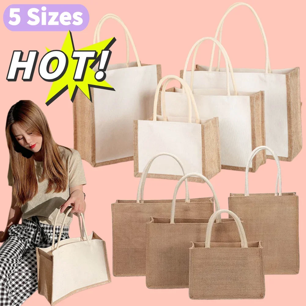 Bolso de compras de yute de arpillera para mujer, bolsa de almacenamiento reutilizable de gran capacidad para comestibles, bolso de moda para mujer, bolsa de regalo de cumpleaños y boda