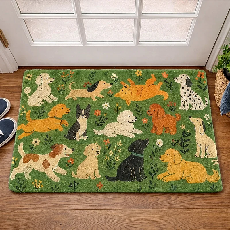 Cute Multi Dog Cartoon Doormat Floral Paw Print Yellow Background Indoor Floor Rug  Entryway Carpet Area Mat for Home Decor
