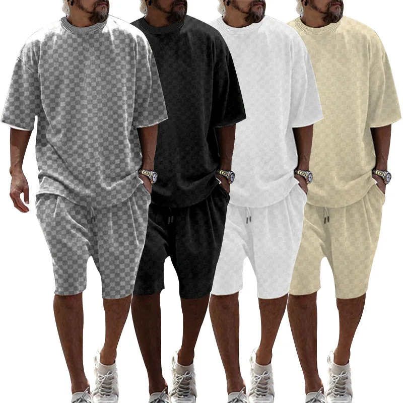 2024 Cross-border Men's Summer Plaid Short Sleeve Loose Large Size Straight Casual Shorts Set