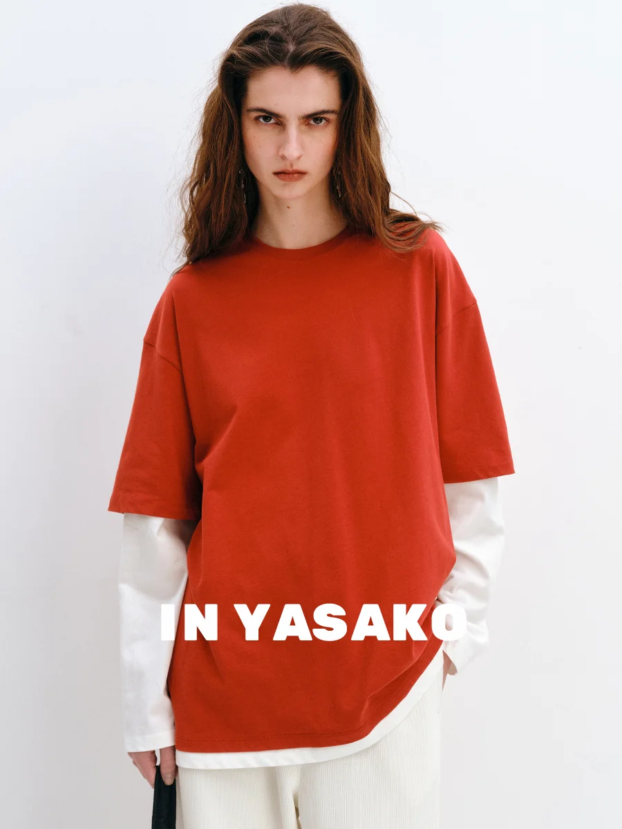 

Женская хлопковая футболка оверсайз Yasako с длинным рукавом, дышащая, повседневная, с эффектом двухслойности, весенняя мода
