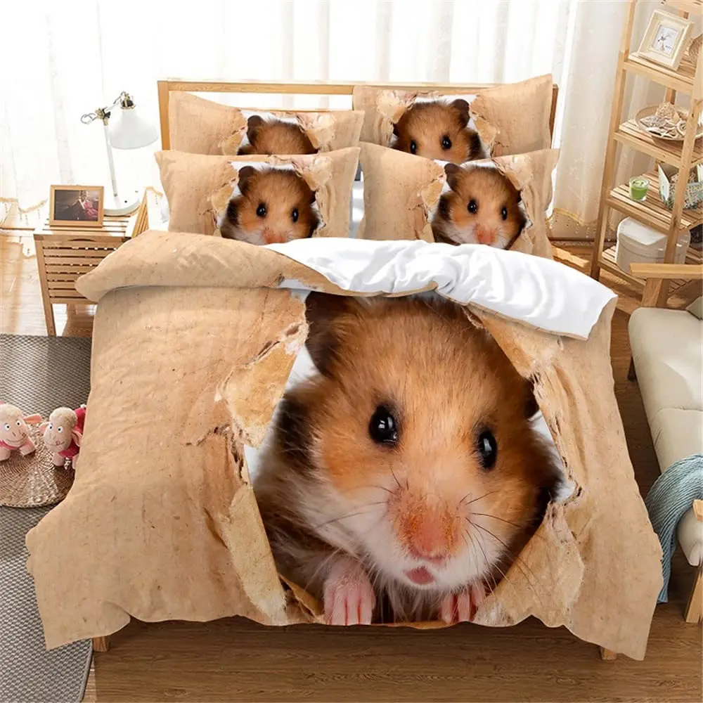 Cute Hamster Duvet Cover King Queen Size Pet Guinea Pig Bedding Set for Kid Boys Girls Lovely Animal Quilt Cover with Pillowcase