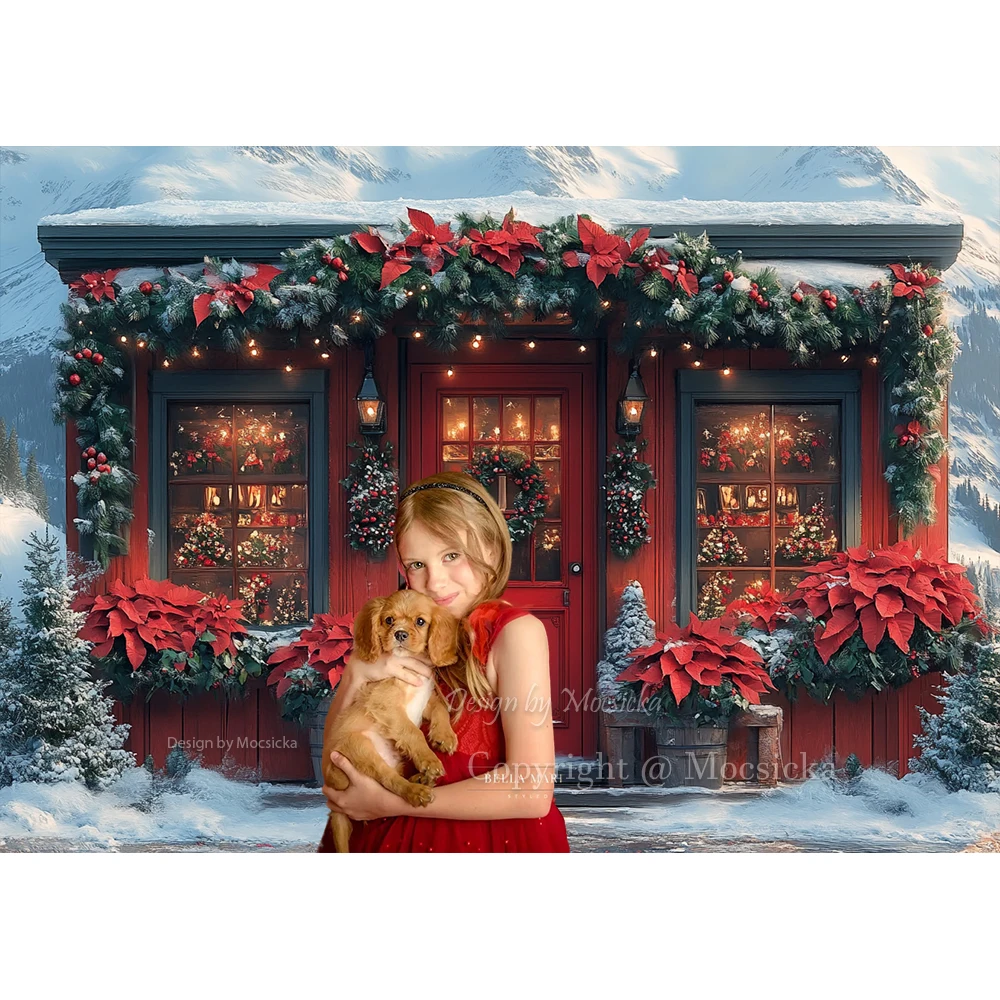 ฉากหลังร้านดอกไม้คริสต์มาสภาพพื้นหลังสีแดงดอกไม้บานเต็มไปด้วยหิมะภูเขาคริสมาสต์พวงหรีดวันเกิดเด็กผู้หญิงภาพฤดูหนาว