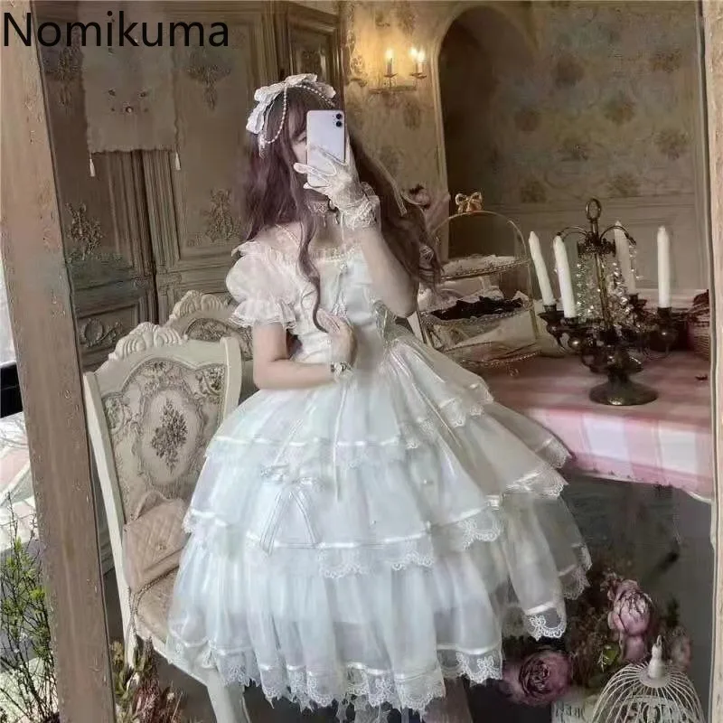 Lolita Style Cute White Woman Dress 2024 Vestidos De Mujer Slash Neck Puff Sleeve Tunic Sweet Summer Dresses Bow Lace Robe Femme