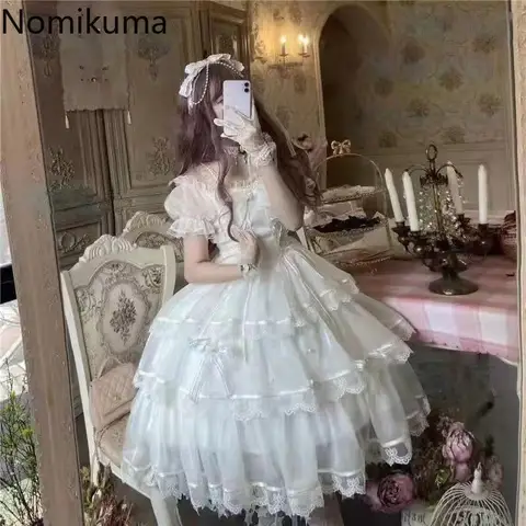 Lolita Style Cute White Woman Dress 2025 Vestidos De Mujer Slash Neck Puff Sleeve Tunic Sweet Summer Dresses Bow Lace Robe Femme