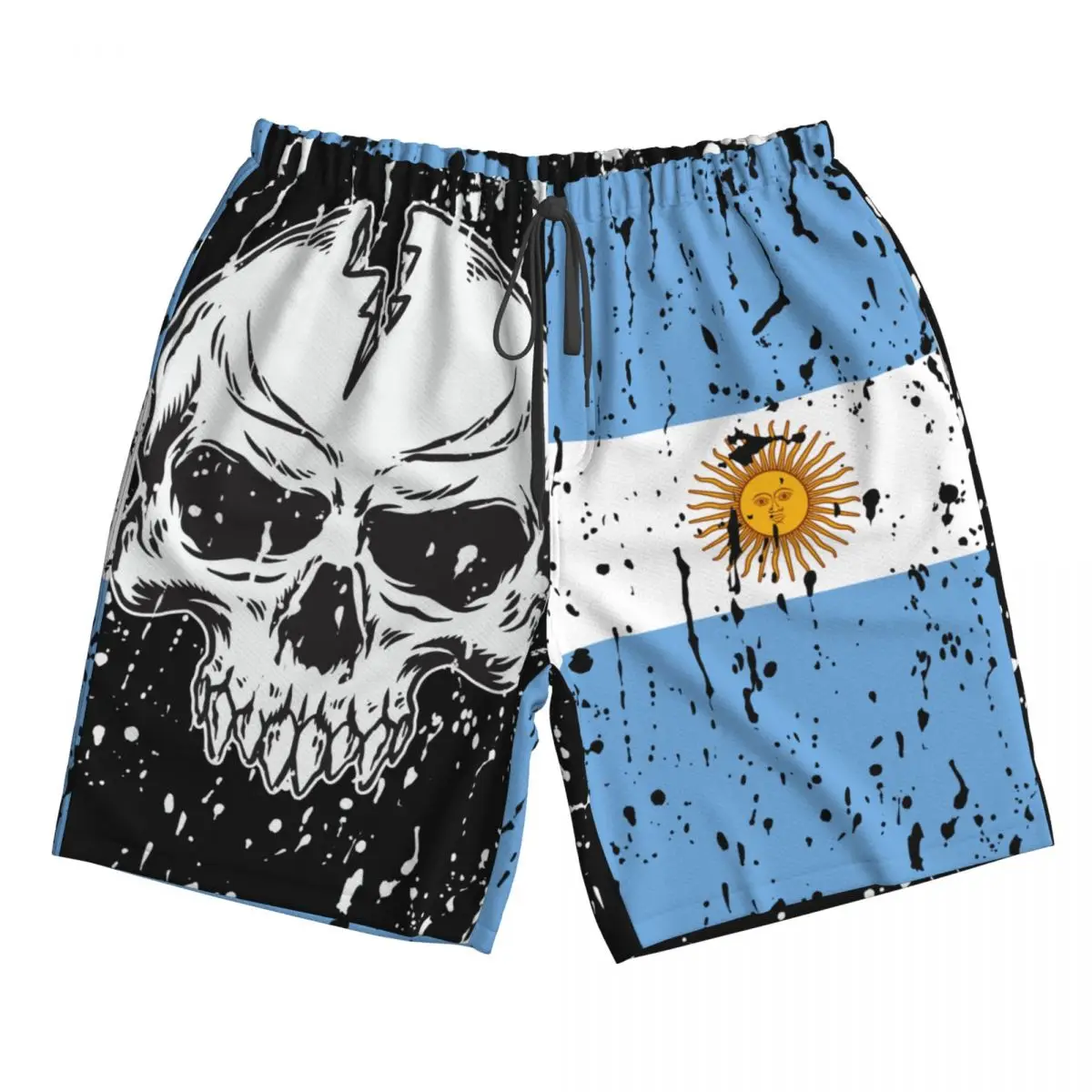 Argentina Flag Vintage Skull Men's Novelty Swimtrunks Quick Dry 3D Printed Mesh Lining Beach Board Shorts with Pockets