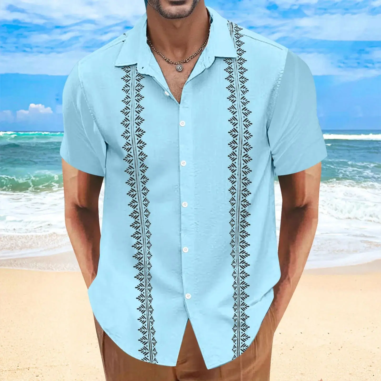 Beach Holiday Men's Short Sleeve Cardigan Leaf Printed  Neck Thickened Fleece Special Wide Fit Autumn Shirt by Xunshi