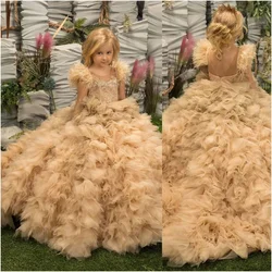 Puffy Flower Girl Dress for Wedding Tulle Appliques Tiered Floor Length Baby Kids Birthday Party First Communion Party Gown
