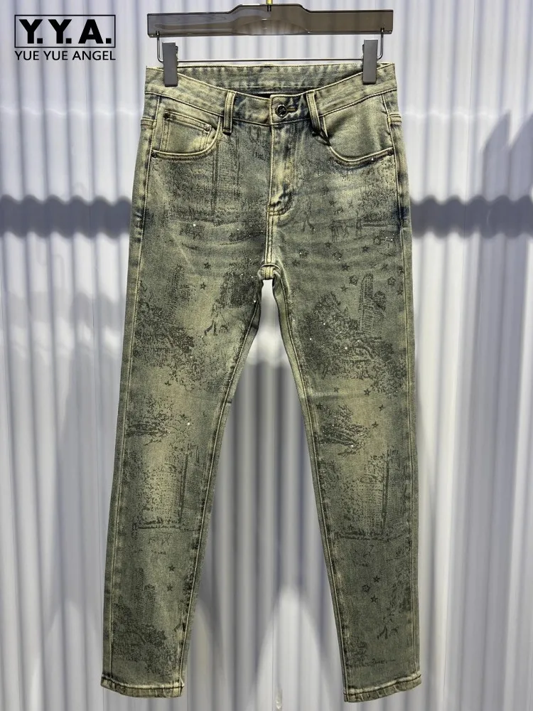 New Deisgner Mens Shiny Diamonds Pattern Slim Fit Party Denim Pants Casual Stretchy Pencil Pants Male Streetwear Fashion Jeans