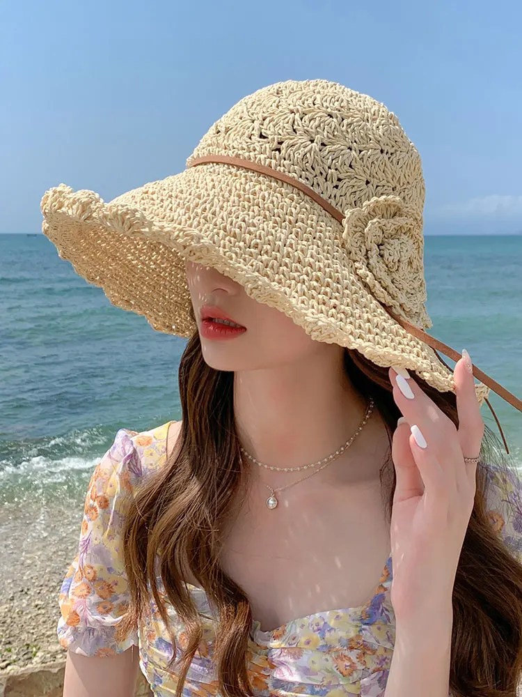 2022 Women's Summer Bucket Folding with flower Straw Hat Panamas UV Protection Sun Visor cool Seaside Beach Hat Tide Summer Hats