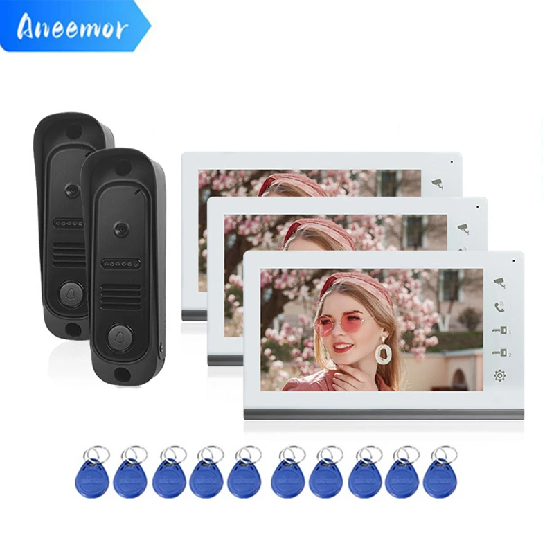 

Visual intercom Doorbell IC Access Control Card 7 Inch Waterproof Building Two-way Video Door Phone 3 Monitors 2 Doorbells