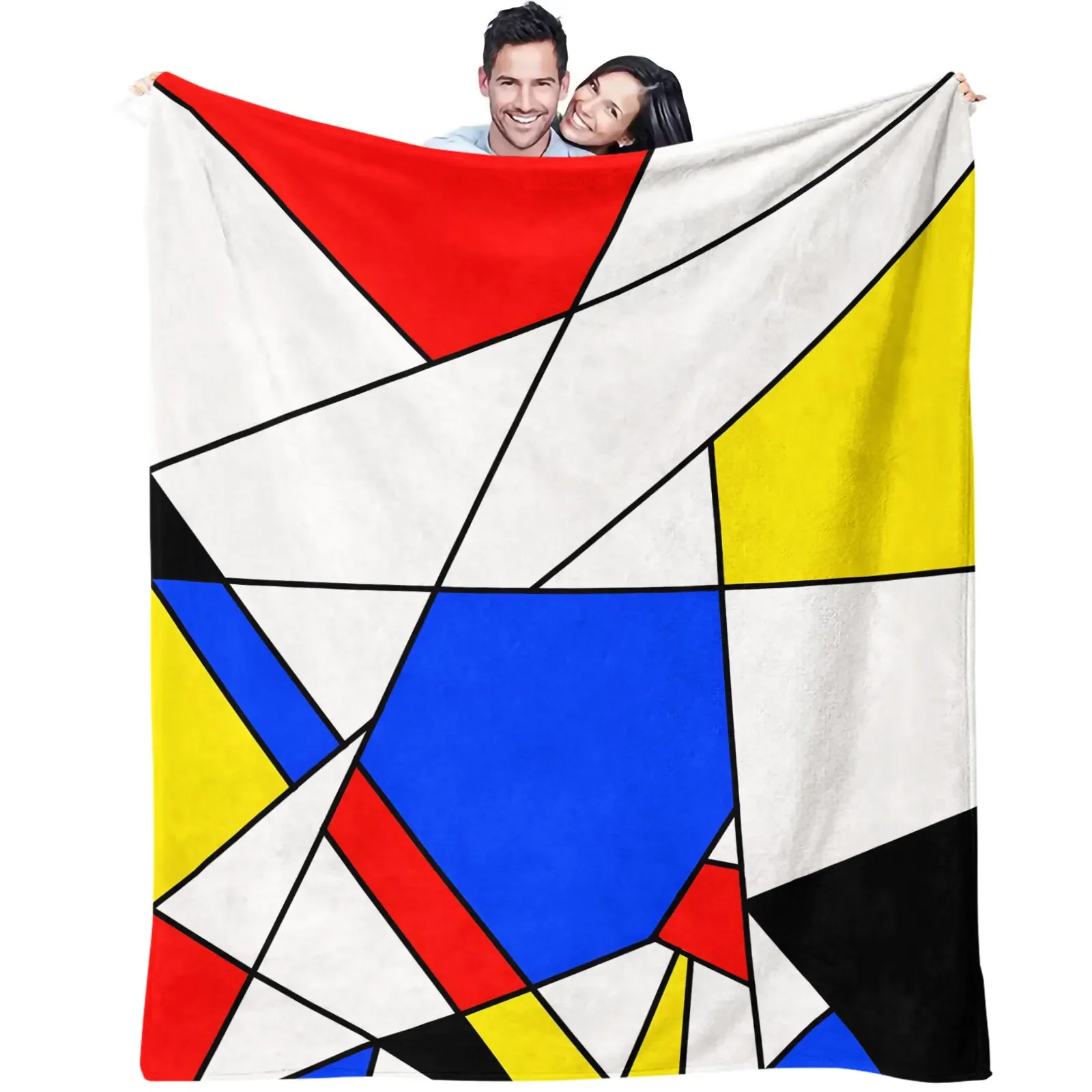 Mondrian Style Geometric Color Block Flannel Throw Blanket Red Yellow Blue Abstract Art Soft Microfiber Warm Sofa Bed Blanket