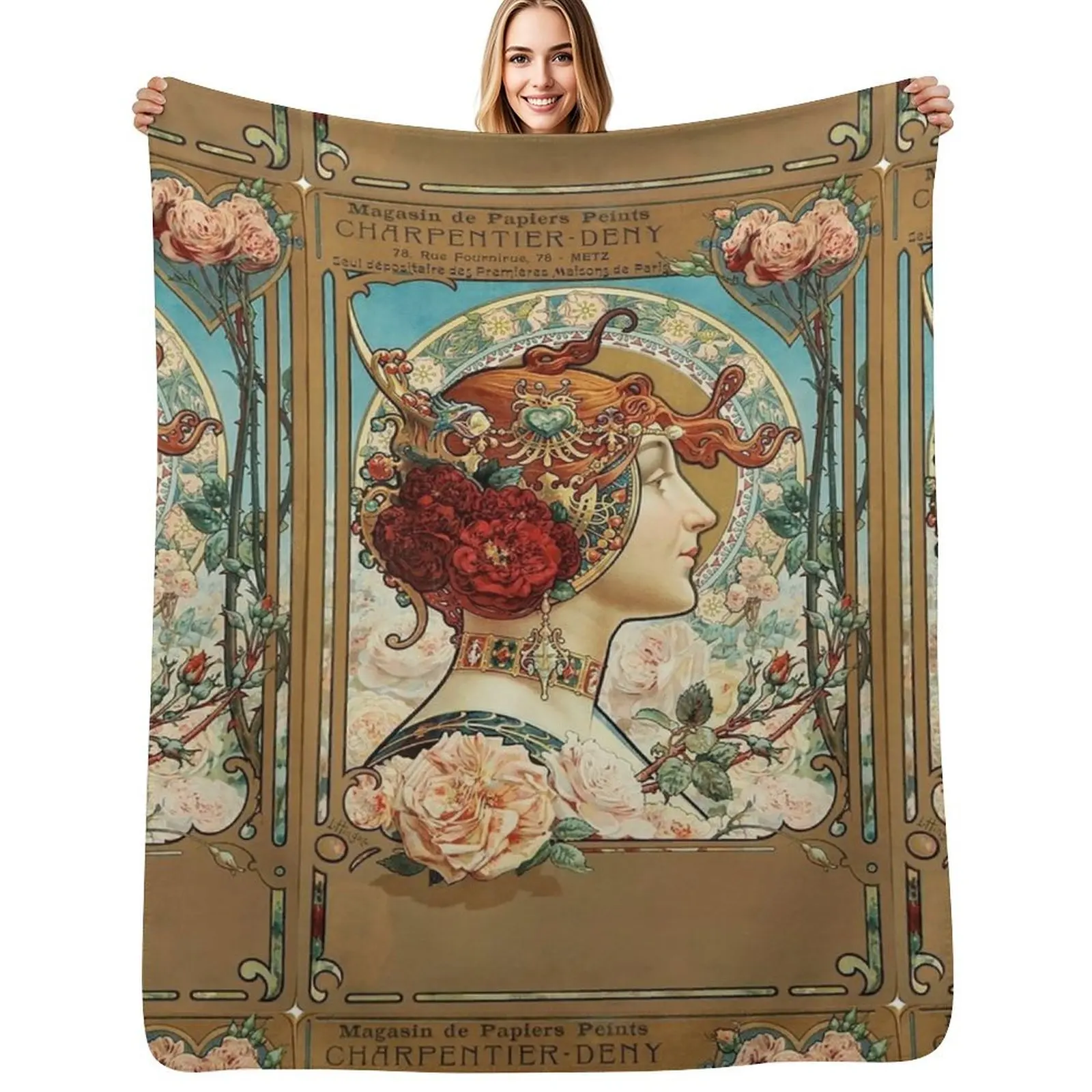 

HD. Red Haired Girl, Vintage advert , by Louis Hingre . Art Nouveau style beautiful design / 1900 Throw Blanket
