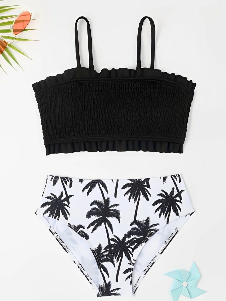 

2026 Print Strappy High Waist Bikini Girls Swimsuit Kids Swimwear Female Children's Bathers Bathing Swimming Swim Suit Beachwear