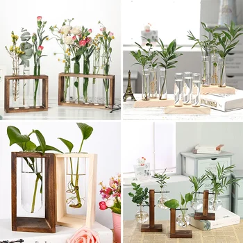 Houten Hydrocultuur Vazen Plant Vazen Vintage Bloemenvaas Pot Transparant Vaas Houten Frame Glazen Tafelblad Planten Home Decor