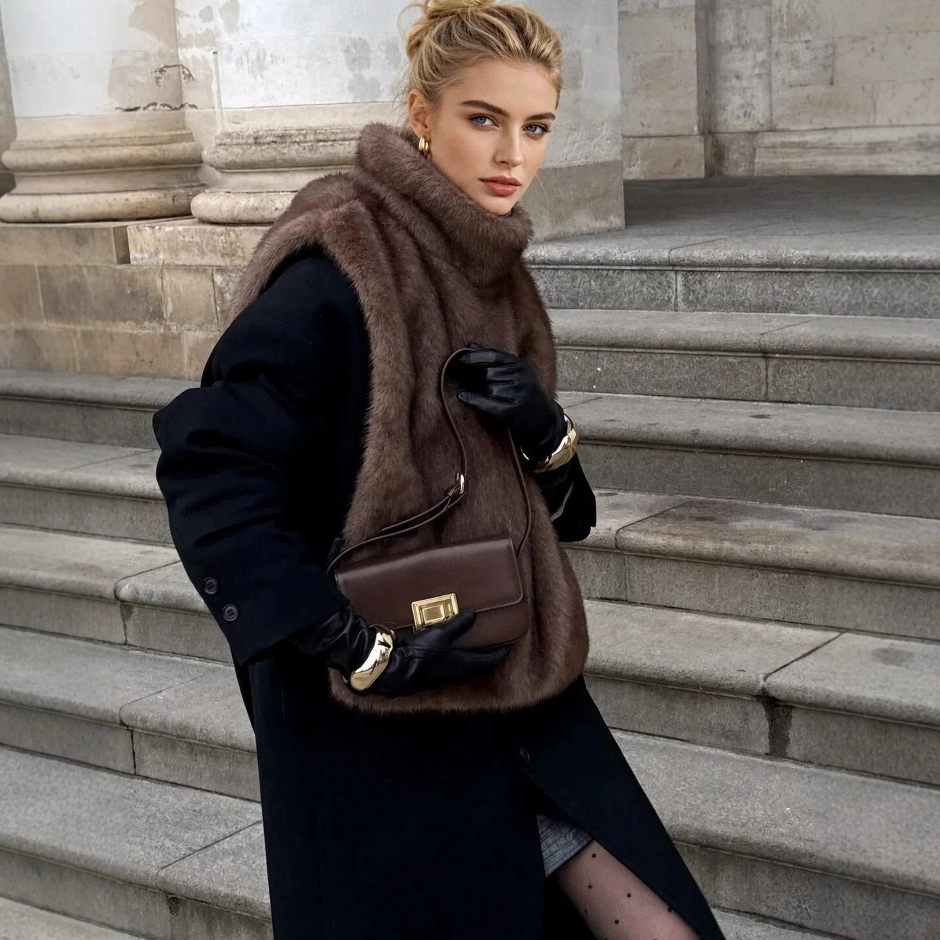 Solid Faux Fur Vests Crop Top Women Fashion Turtleneck Fluffy Tank Tops Winter Female Elegant Sleeveless Jackets Coats