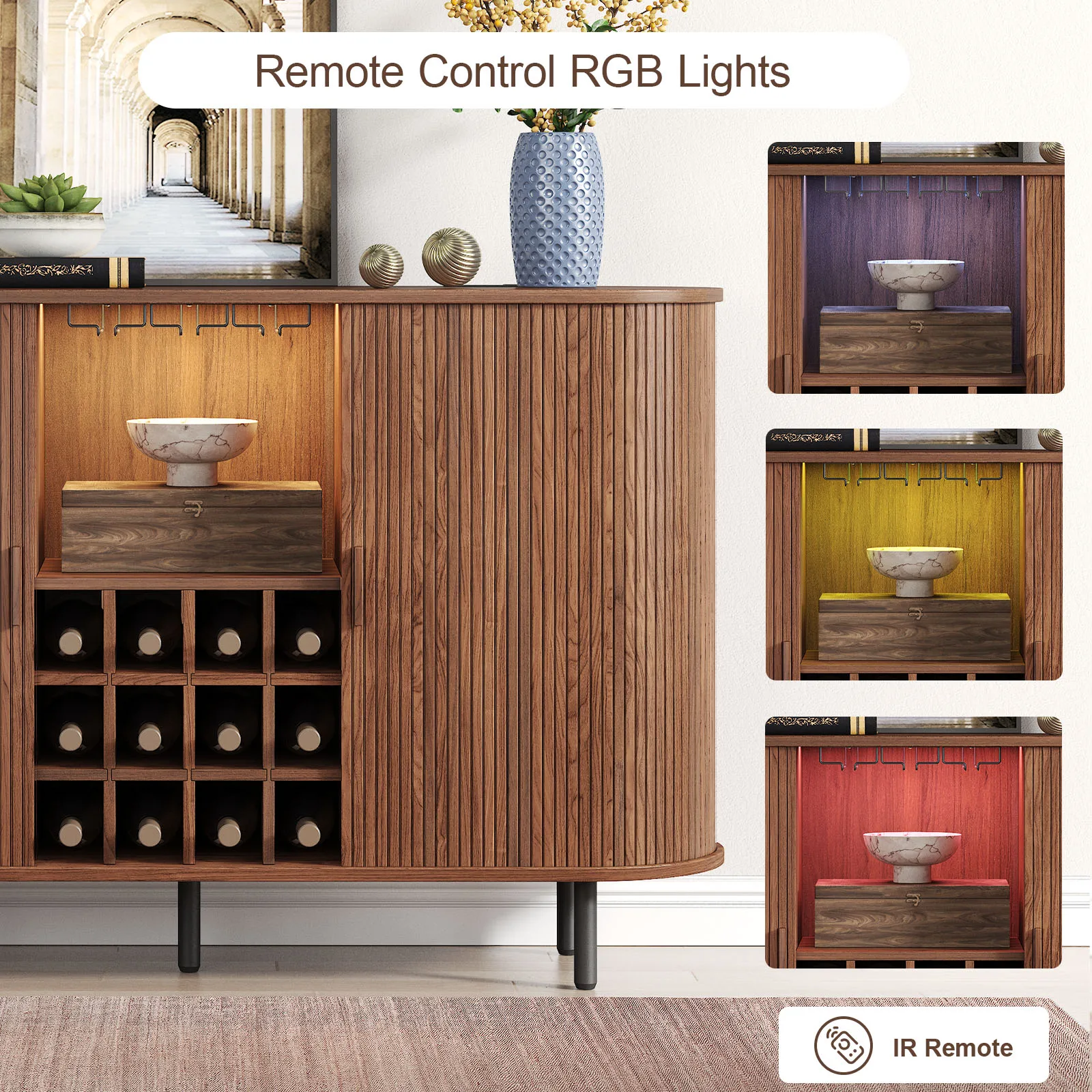 خزانة بار النبيذ مع ضوء LED، خزانة مشروبات للمنزل، خزانة بار القهوة مع رف النبيذ وحامل الزجاج، خزانة جانبية لبوفيه الجوز #6