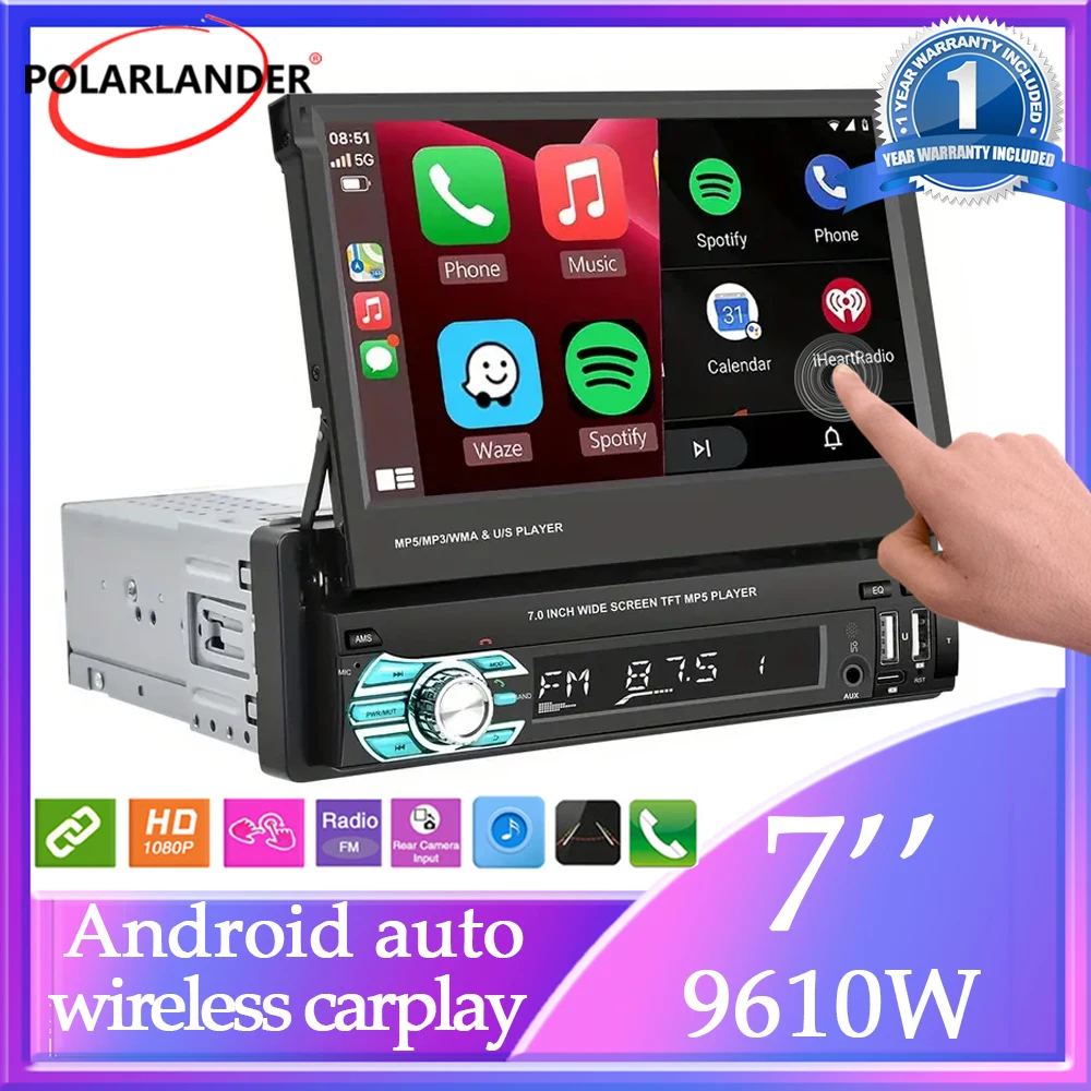 

Car MP5 Player 4 Led Camera FM Wireless Carplay Android Auto AM Mirror Link 7" 1 Din Touchscreen Manually Retrackable Bluetooth