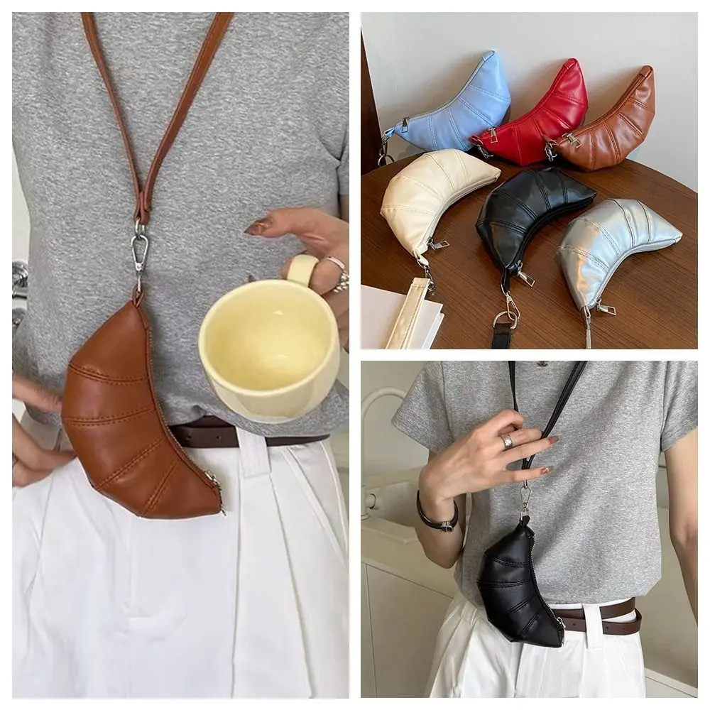 Elegant PU Leather PU Croissant Bag Silver Purse Lanyard Wallet Cute Korean Style Hanging Neck Coin Purse Shopping