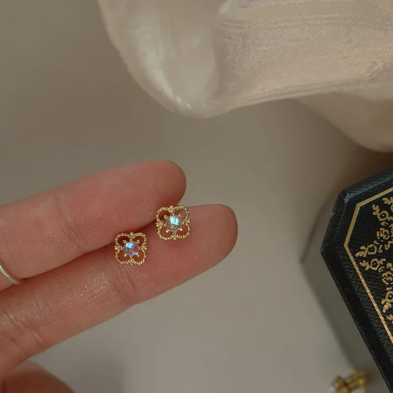 Sweet Cute Zircon Moonstone Hollow Flower Stud Earrings For Women Girl Teen Simple Birthday Party Jewelry Accessories Gift