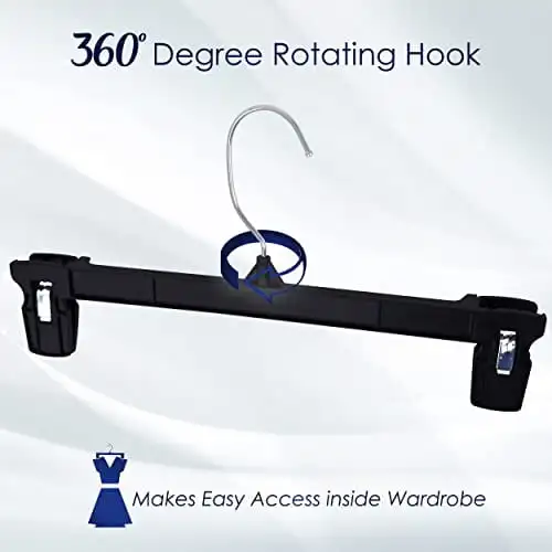 

Recycled Black Heavy Duty Plastic Pants & Skirt Bottom Hangers with Plastic Extra Long Pinch Clips and Polished Metal Swivel H