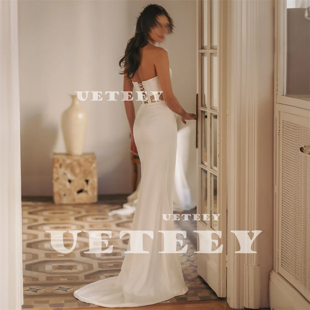 UETEEY カスタムメイド シンプル ストレスレス イリュージョン プリーツ マーメイド ウェディングドレス クレープ ハイサイド スリット コートトレイン ブライダルガウン