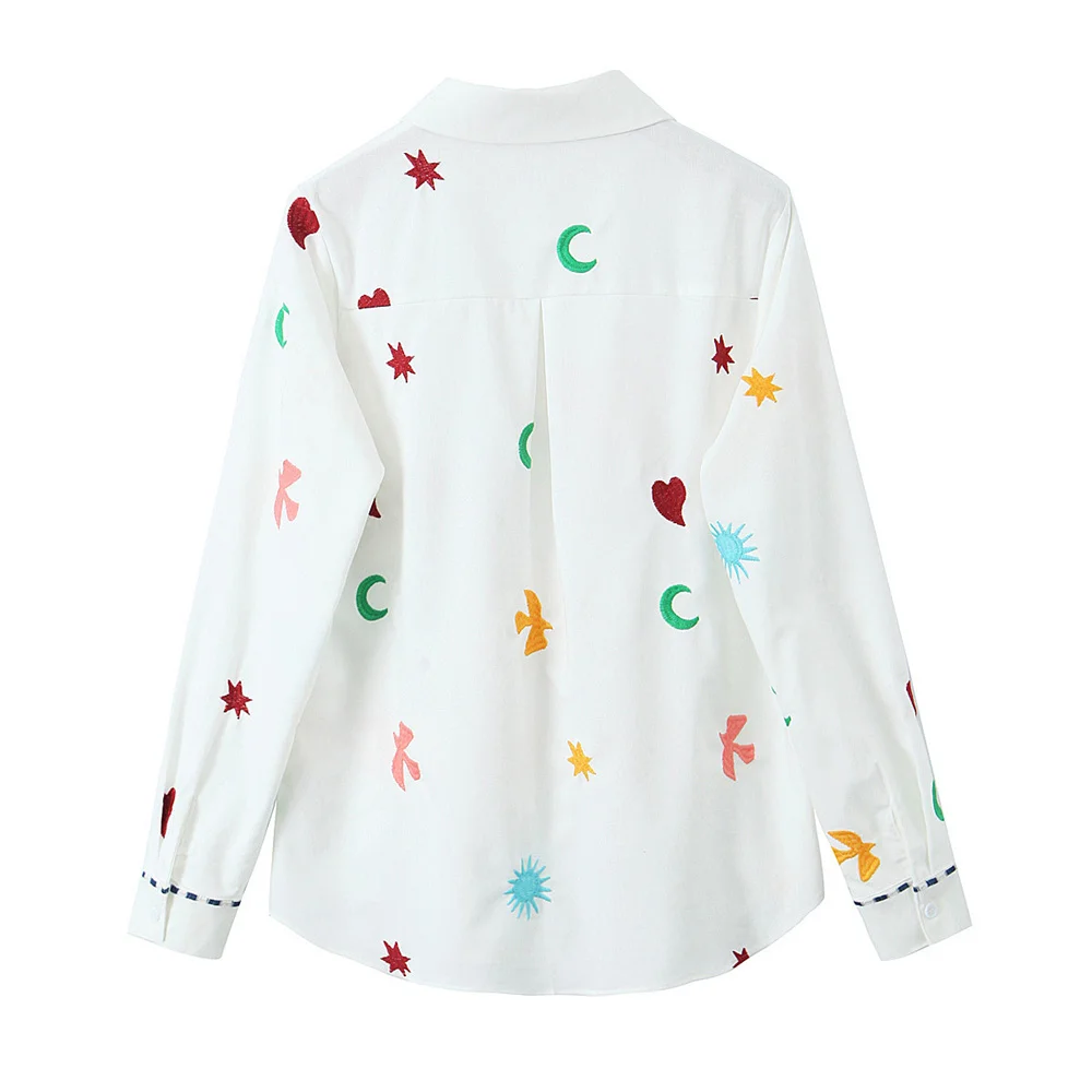 2024 Women\'s Fashion New Embroidered Starry Moon White Casual Shirt