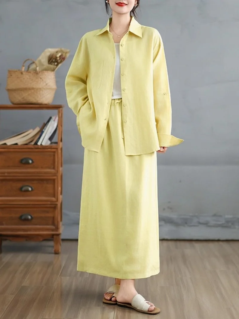 

Комплект из двух предметов, большой размер, элитный темпераментный повседневный женский наряд, хлопковая льняная рубашка и костюм с юбкой W491