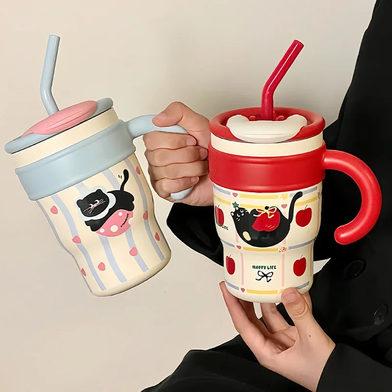 

700ml Thermos Cup Double Drink Ice Cup Tumbler with Handle Lid Straw Cute Cat Water Bottle Outdoor Travel Car Coffee Mug