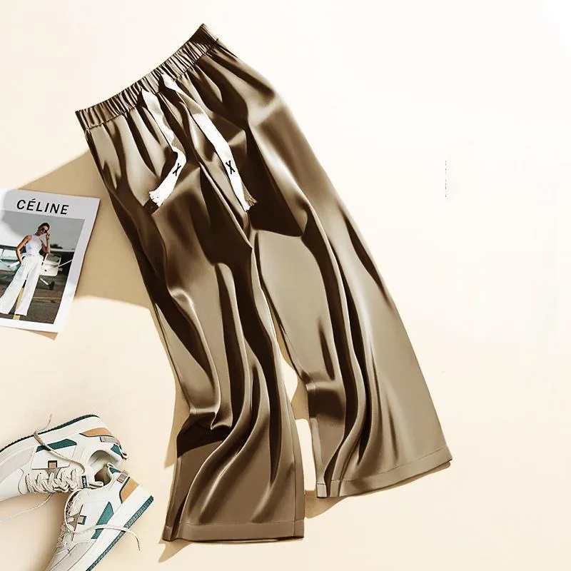 Minimalist Summer Solid Men's Elastic Waist Lacing Ice Silk Fabric Pockets Fashion Versatile Loose Wide Leg Straight Pants