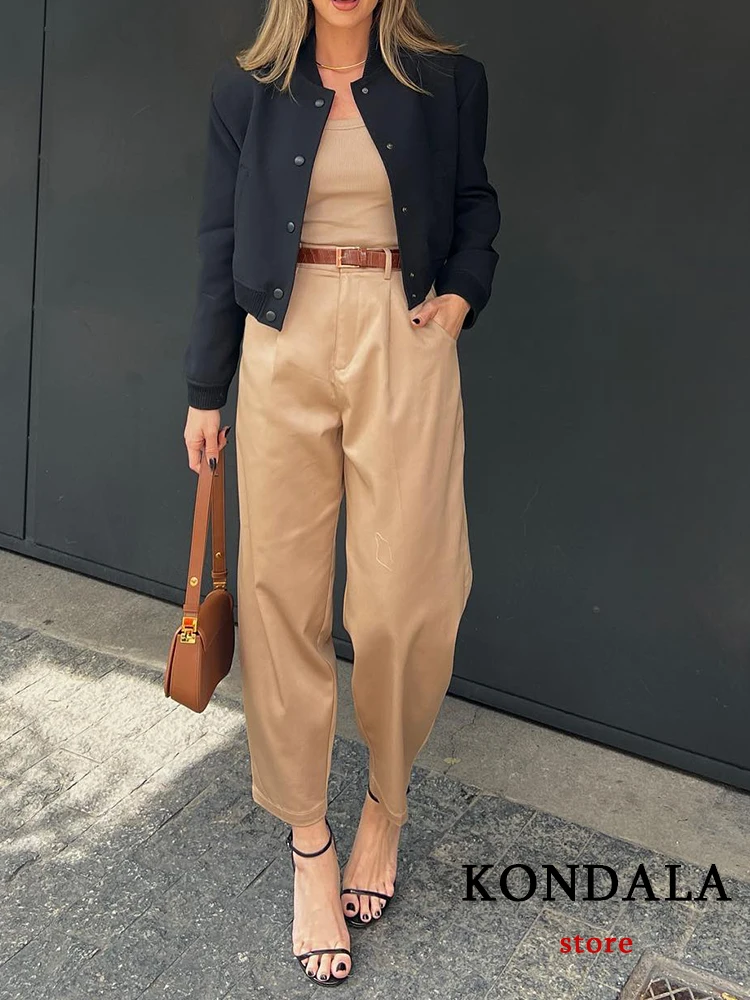 KONDALA Vintage Casual Chic Khaki Women Pants Solid Zipper Pockets Belt Straight Loose Pants New Fashion 2023 Autumn Trousers