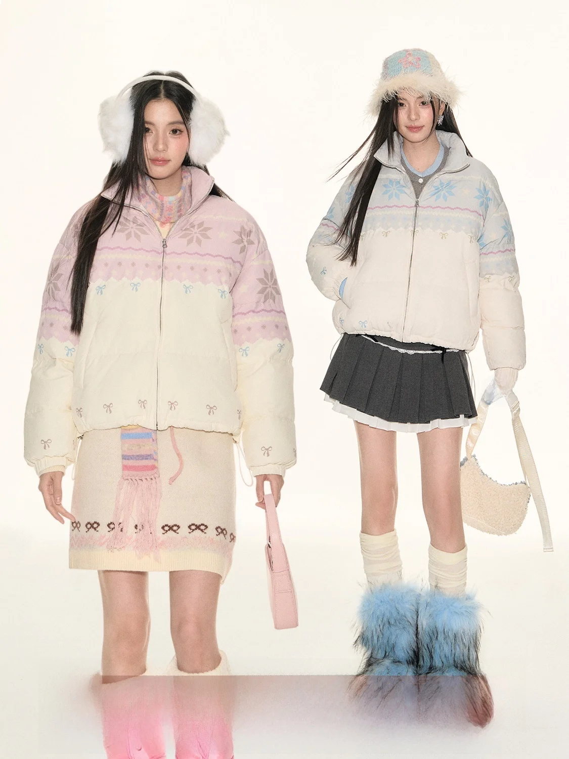 

FPMZ Snowflake Knot Fair Isle Print Stand Collar 90 White Du down Puffer Jaet Color Blo Cotton Bread Coat