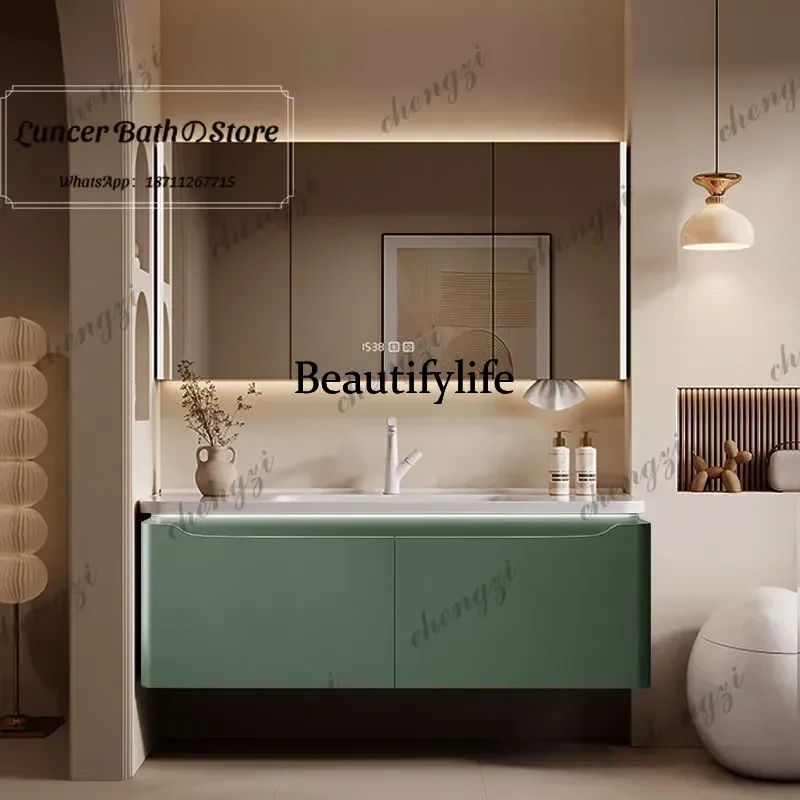 Cream Style Bathroom Vanity, Corian Integrated & Ceramic Wash Basin Combo Modern Bathroom Sink Cabinet b567