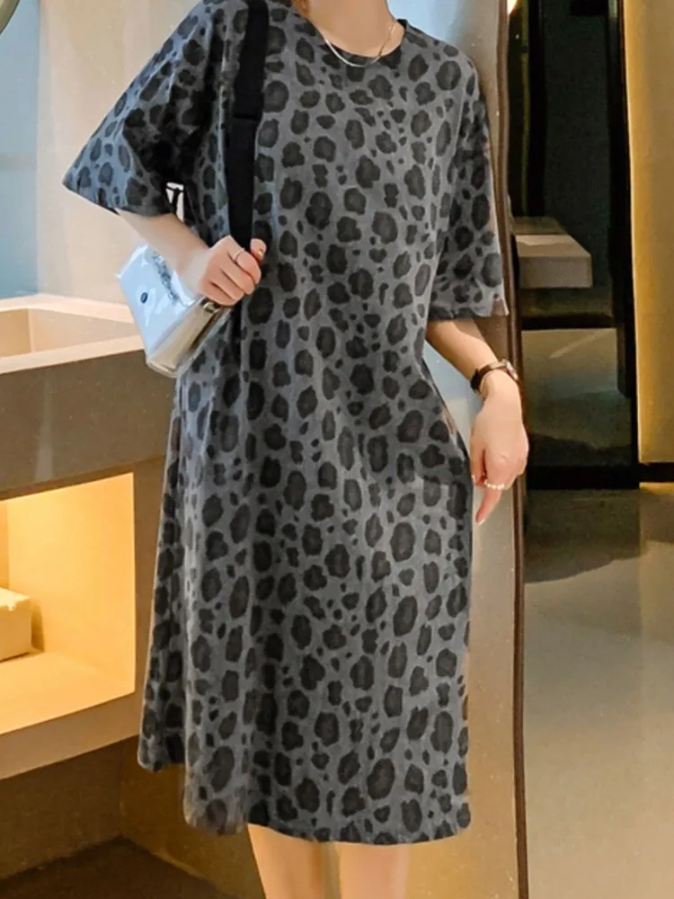 حجم كبير الصيف سبليت ليوبارد فستان المرأة الجديدة كوريا فستان امرأة فضفاضة Vestidos رداء Elbise قصيرة الأكمام طويلة فساتين السيدات #3