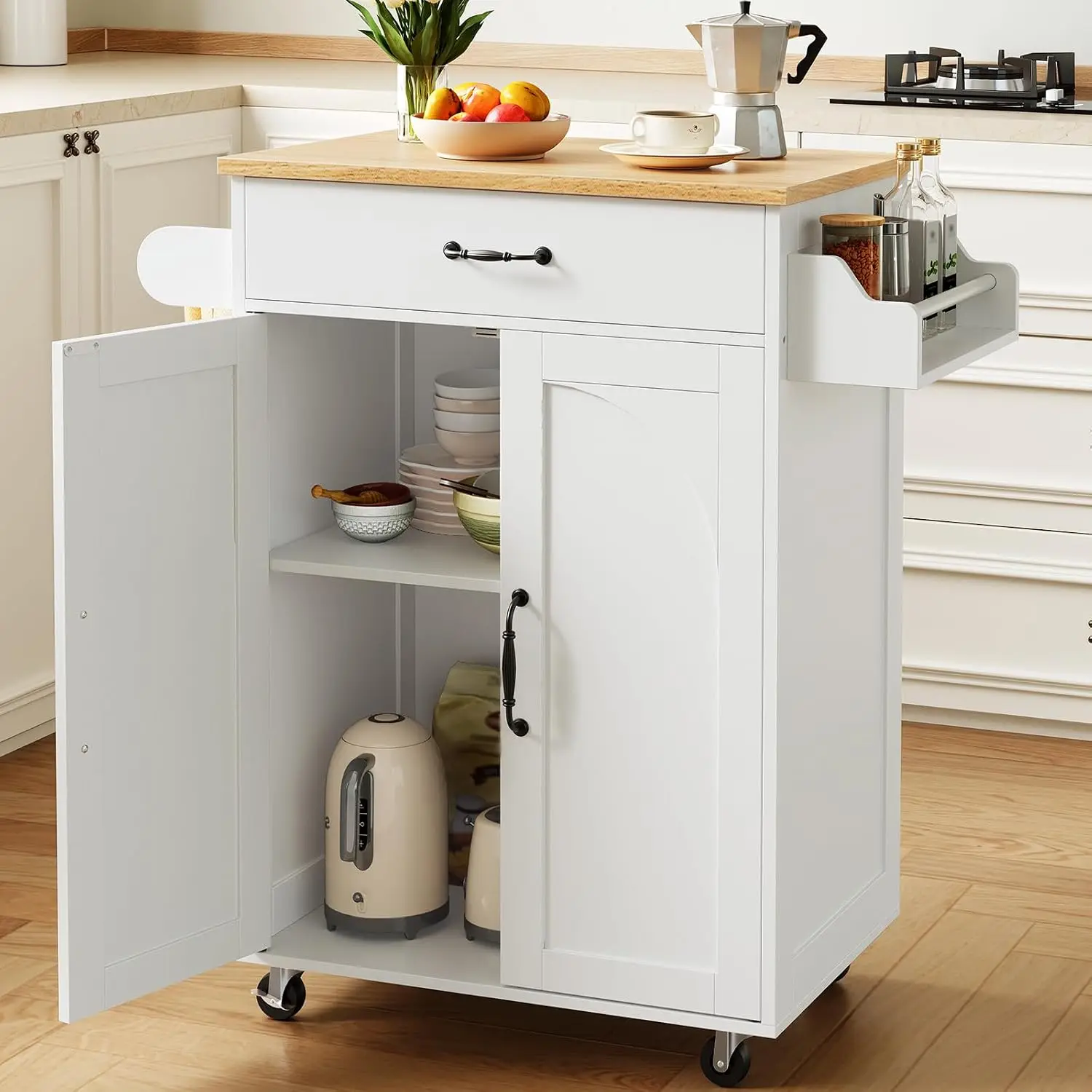 Small Kitchen Island with Storage and Spice Rack, White and Natural