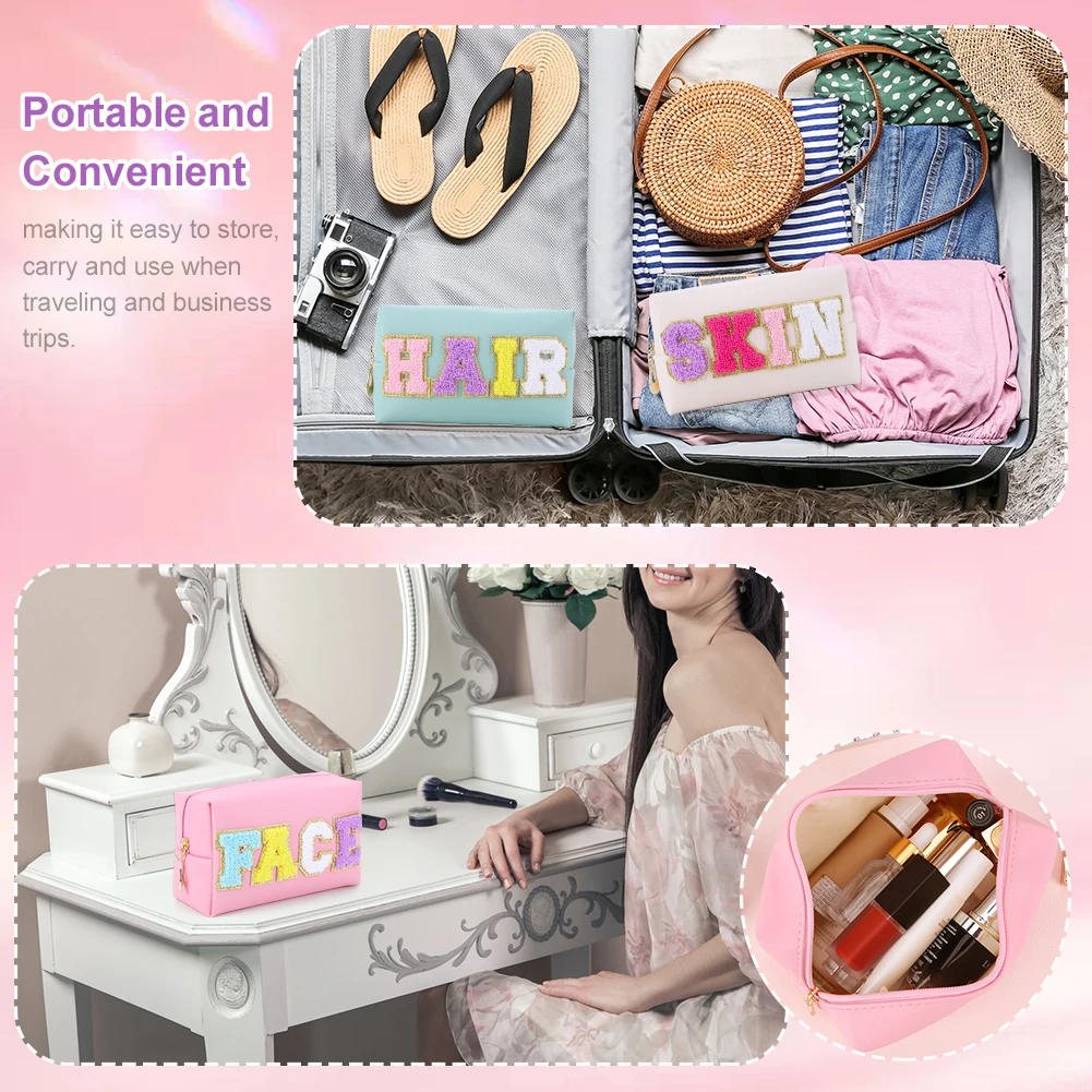 3PCS Waterproof Toiletry Bag Zipper Closure Chenille Letter Face Hair Skin Bag PU Leather for Women for Travel Accessories