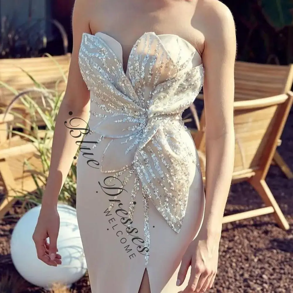 customized  A-line Evening Dresses Floor-length Strapless Sleeveless Prom Gown Fashion Sequined Side-split Draped Party Gown