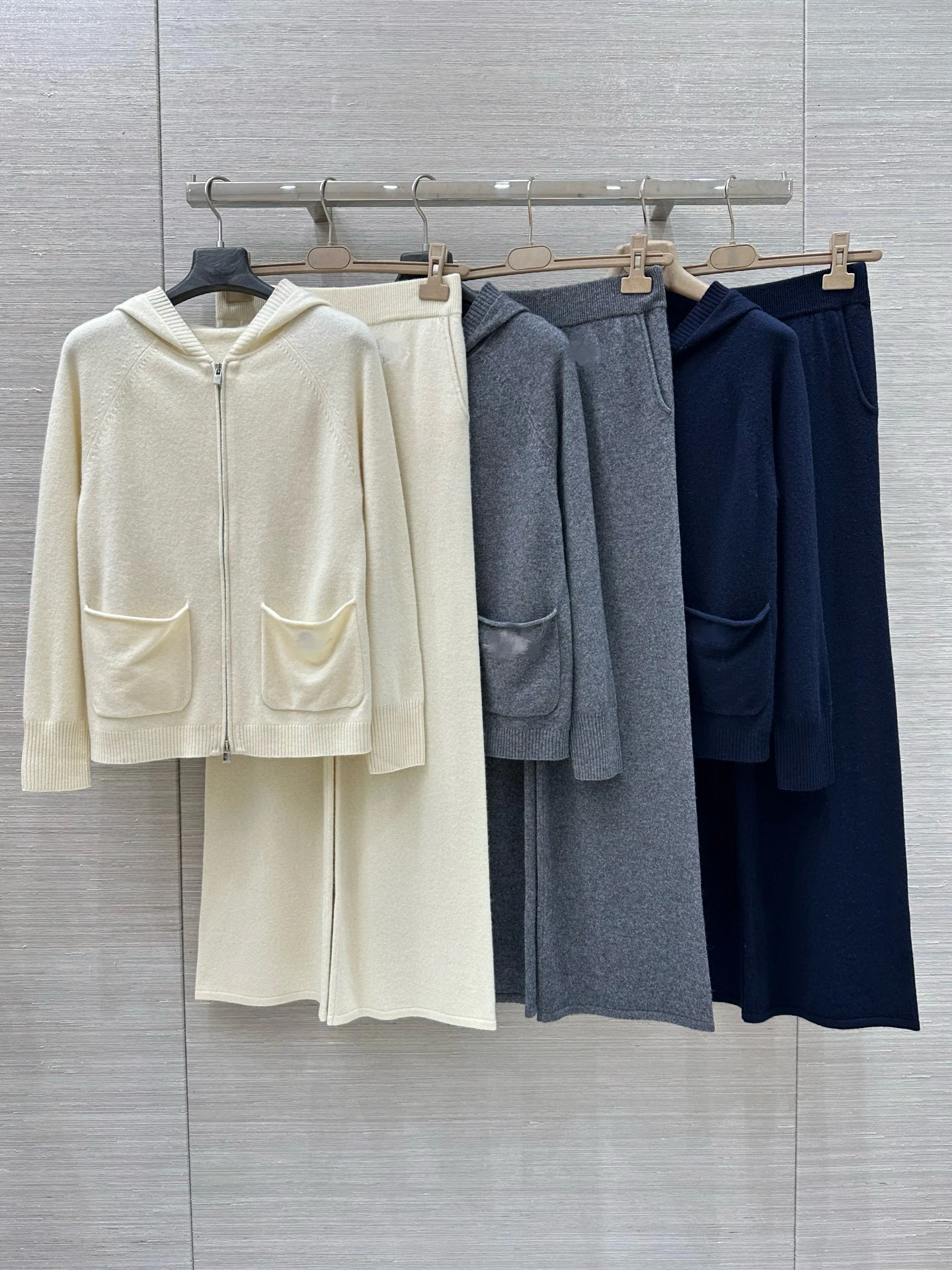 

Casual Woolen Cashmere Knitted Zipper Hooded Open Cardigan And Wide Leg Pants Set for Women Comfortable Loose Fit Autumn Spring