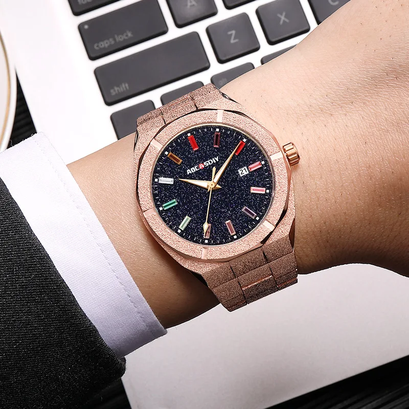 Luxury Men Watch Frosted Colorful Dial Men\'s Quartz Wristwatch Rose Gold Sliver Calendar Male Reloj Stainless Steel Man Clock