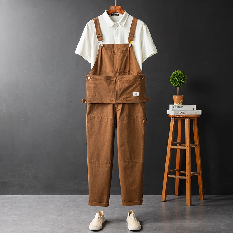 

American Casual Straight Leg Overalls Men Loose Versatile Workwear Pants Multiple kets Brown Strap Long Trousers